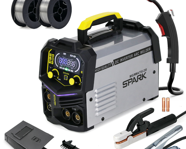 კემპის და შედუღების აპარატი FLUX მავრთულზე, MIG/MMA/TIG 3 ფუნქციით - SPARK MIG350X