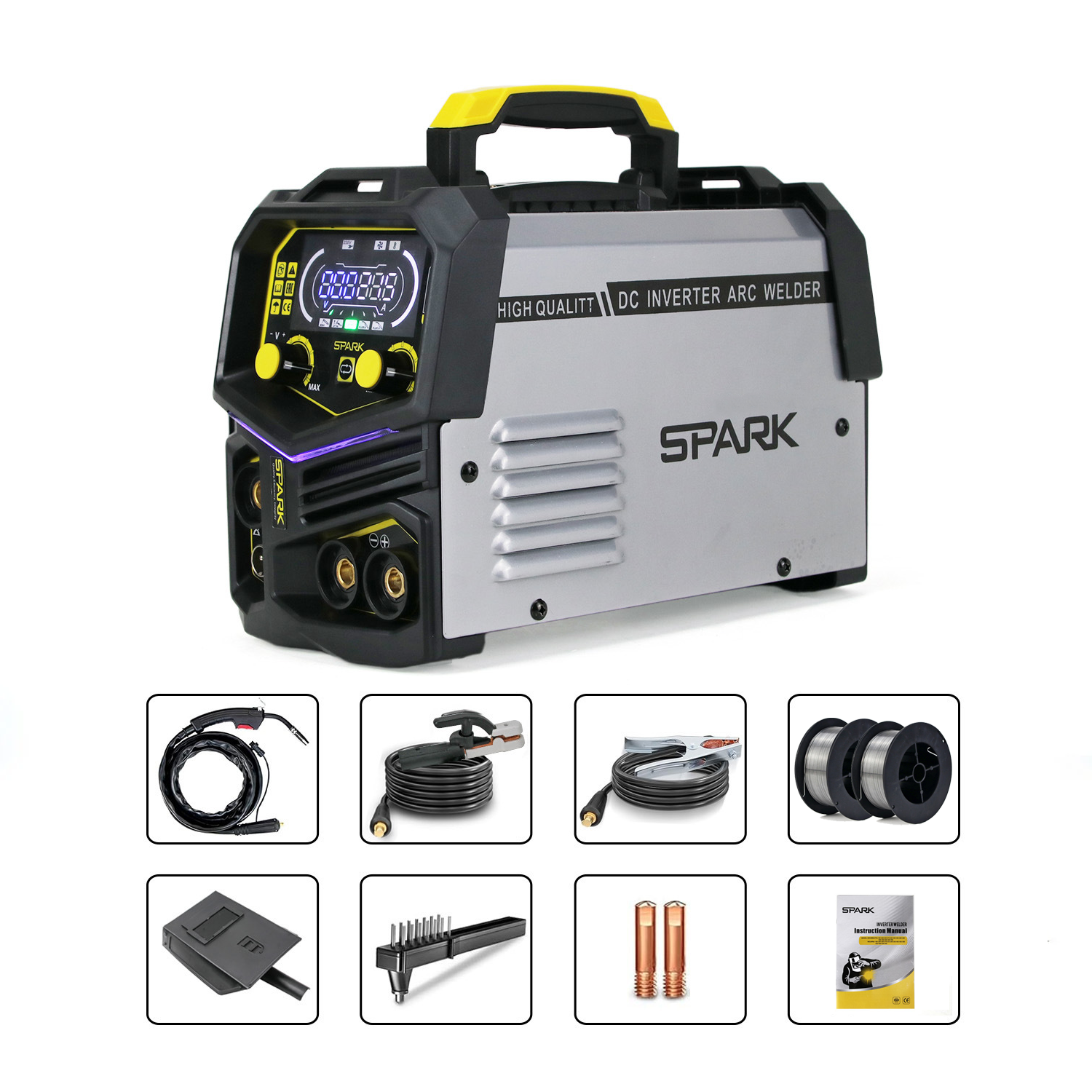 კემპის და შედუღების აპარატი FLUX მავრთულზე, MIG/MMA/TIG 3 ფუნქციით - SPARK MIG350X